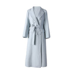Stylish Long Baby Blue Wool Coat with Double-Breasted Design and Belt for Elegant Warmth