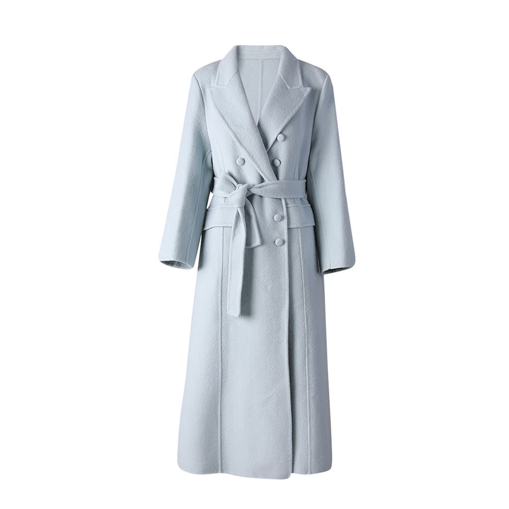 Stylish Long Baby Blue Wool Coat with Double-Breasted Design and Belt for Elegant Warmth