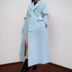 Long Baby Blue Wool Coat with Belt and Double-Breasted Design for Stylish Winter Wear