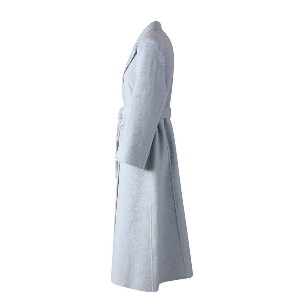 Stylish Long Baby Blue Wool Coat with Belted Waist for Elegant Winter Fashion