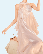 Elegant Long Dress with Embroidery in soft pink featuring delicate floral designs and a flowing silhouette