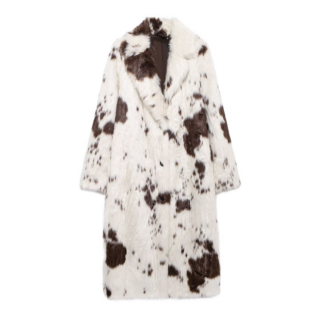 Long Faux Fur Effect Coat in cream and brown pattern featuring a cozy oversized fit