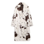 Long Faux Fur Effect Coat in cream and brown pattern featuring a cozy oversized fit