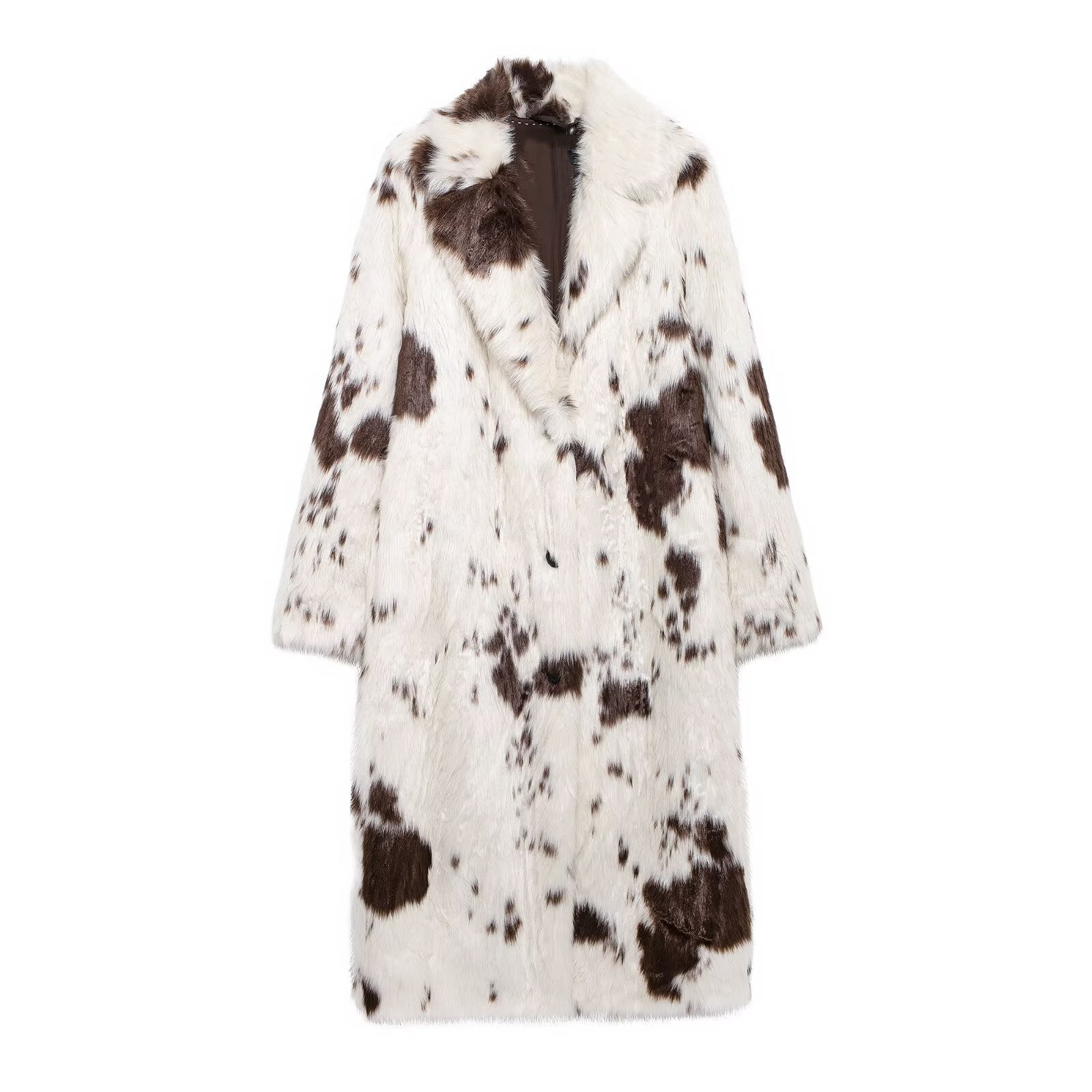 Long Faux Fur Effect Coat in cream and brown pattern featuring a cozy oversized fit