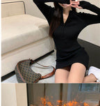 Elegant black long sleeve short dress with a zip front detail, perfect for casual outings