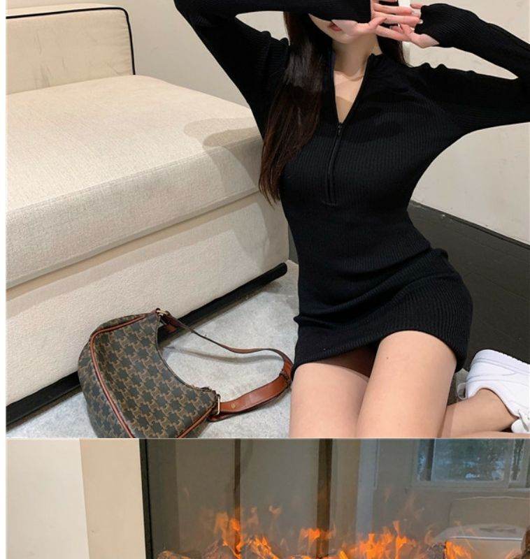 Elegant black long sleeve short dress with a zip front detail, perfect for casual outings