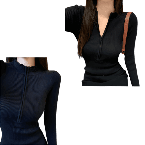 Stylish long sleeve short dress in black ribbed fabric with a zippered neckline detail