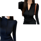 Stylish long sleeve short dress in black ribbed fabric with a zippered neckline detail