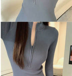 Stylish long sleeve short dress in gray with a zip front and ribbed texture for a modern look