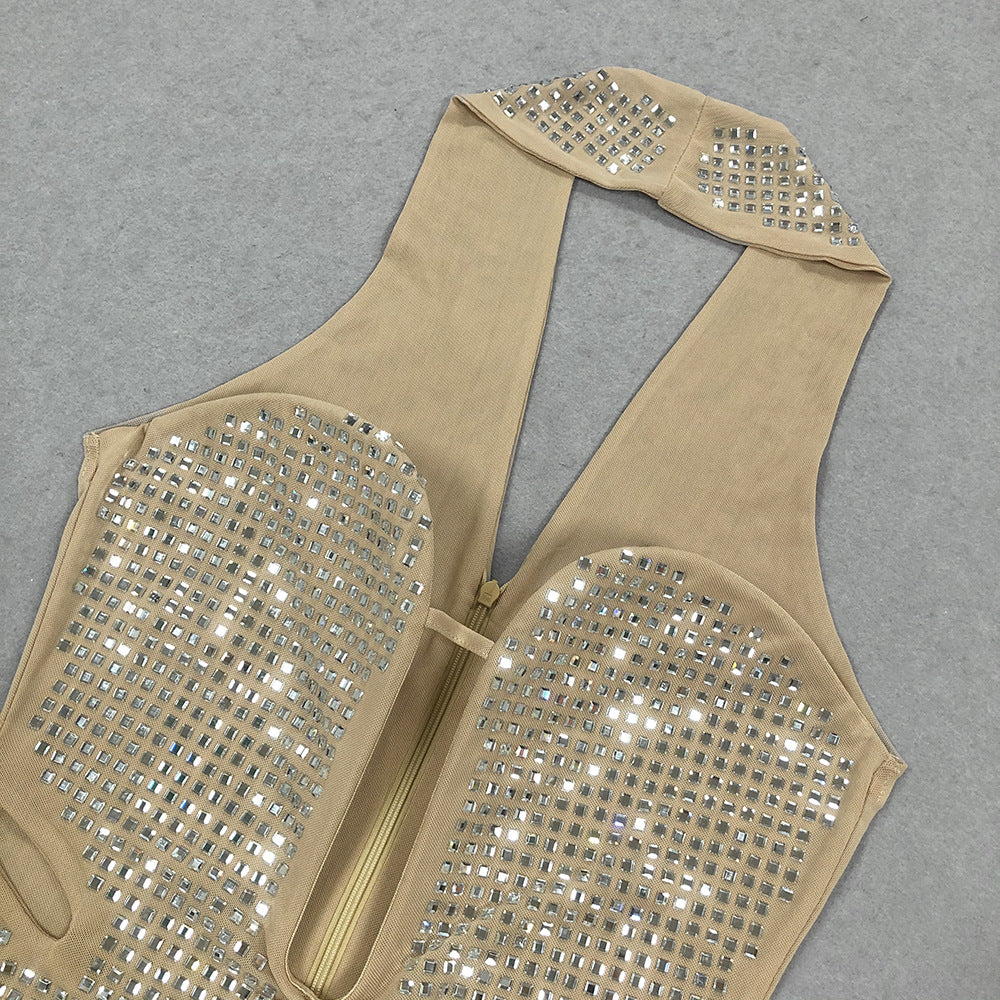 Luxe Spark Halter Rhinestone Evening Dress featuring shimmering rhinestone embellishments and open back design