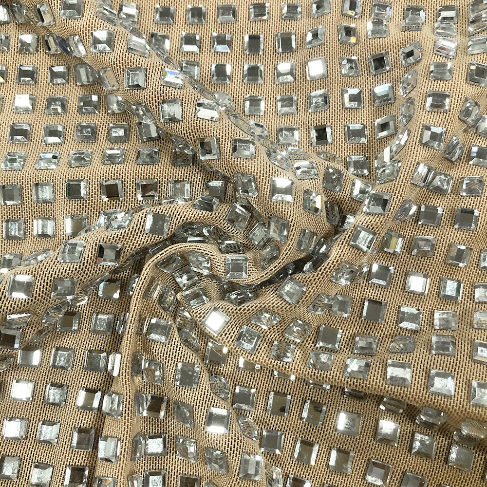 Close-up of Luxe Spark Halter Rhinestone Evening Dress fabric with shimmering square rhinestones