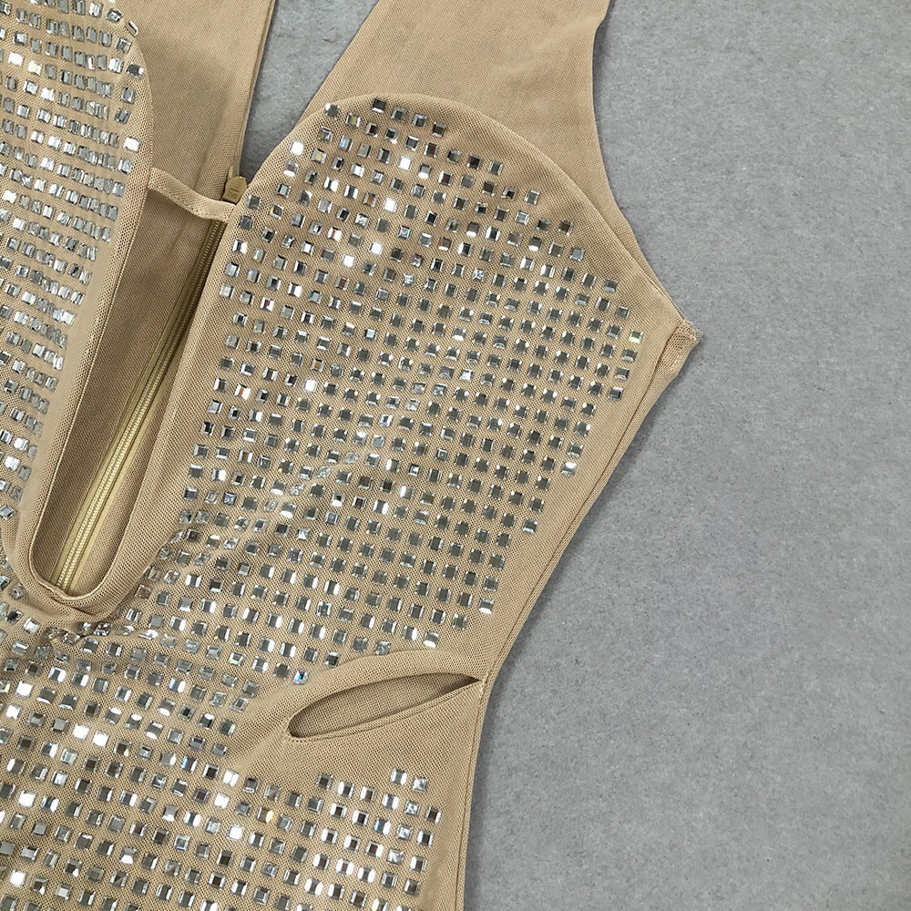 Luxe Spark Halter Rhinestone Evening Dress featuring shimmering rhinestones and elegant design