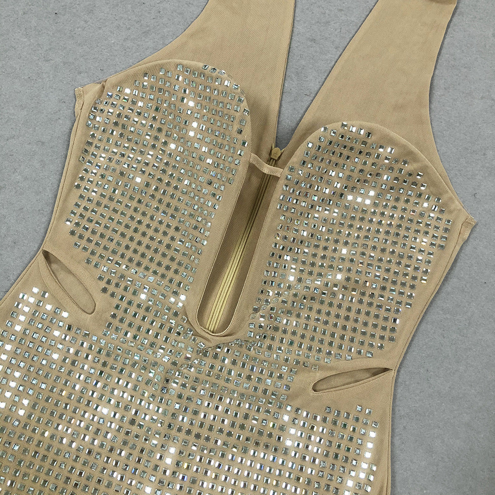 Luxe Spark Halter Rhinestone Evening Dress featuring a fitted design with shimmering rhinestones