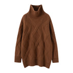 Oversized brown luxury cashmere sweater for women with a cozy turtleneck and textured pattern