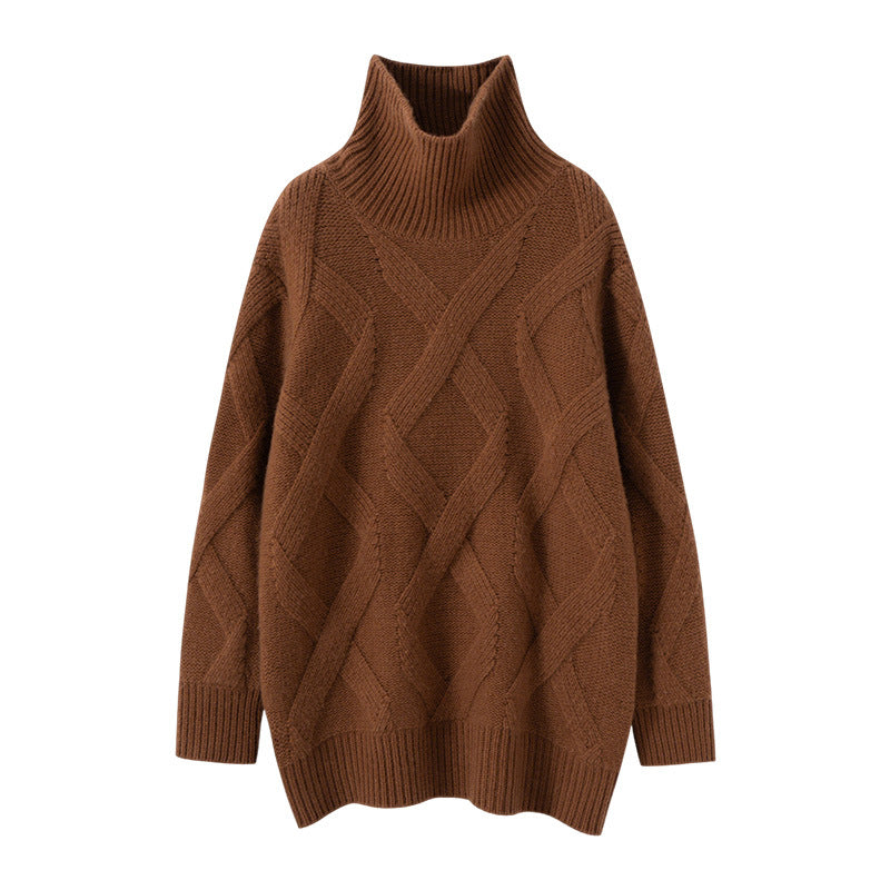 Oversized brown luxury cashmere sweater for women with a cozy turtleneck and textured pattern
