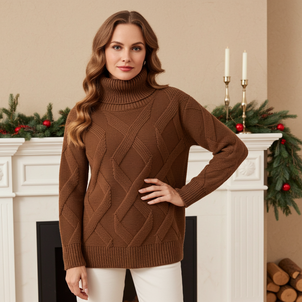 Luxurious brown cashmere sweater for women with a cozy turtleneck design and textured pattern