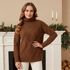 Luxurious brown cashmere sweater for women with a cozy turtleneck design and textured pattern