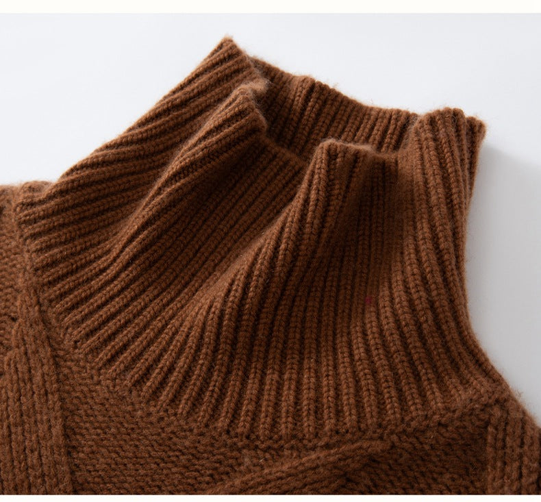 Close-up of a brown luxury cashmere sweater for women with a cozy turtleneck design