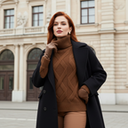 Elegant model wearing a luxury cashmere sweater for women paired with a stylish coat and gloves