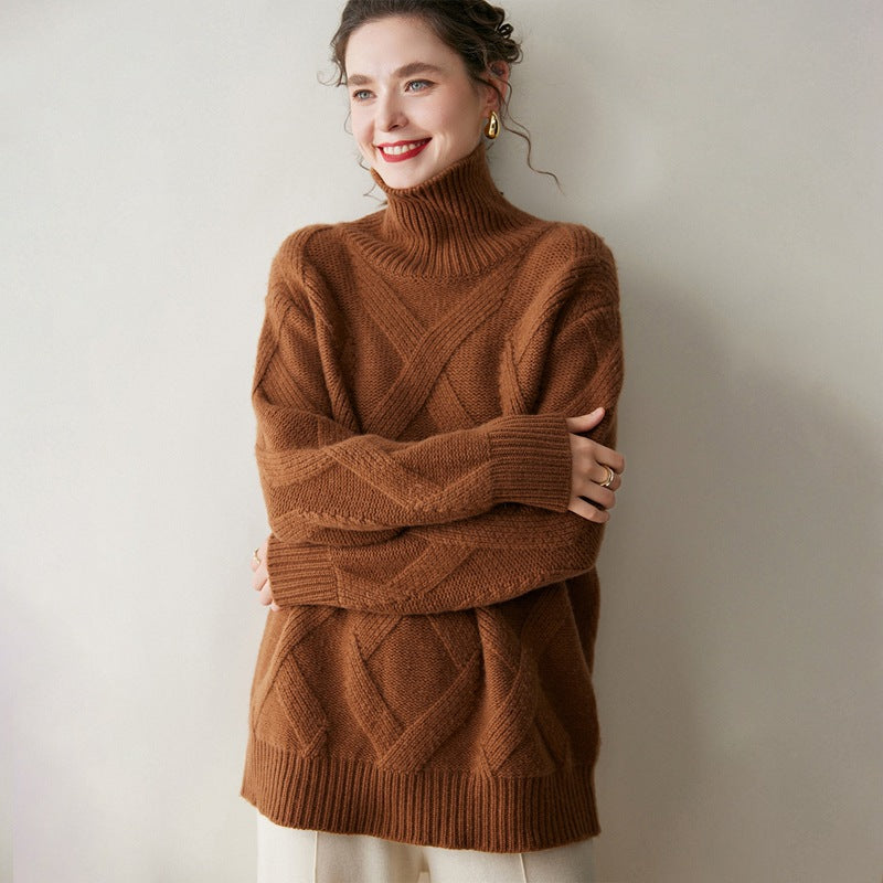 Cozy brown luxury cashmere sweater for women with a stylish turtleneck design and cable knit pattern