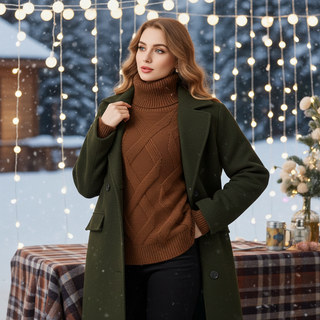 Women wearing luxury cashmere sweater for women in a winter setting with festive lights