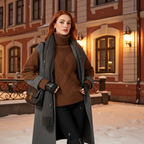 Elegant woman wearing a luxury cashmere sweater for women, paired with a stylish scarf in a snowy setting