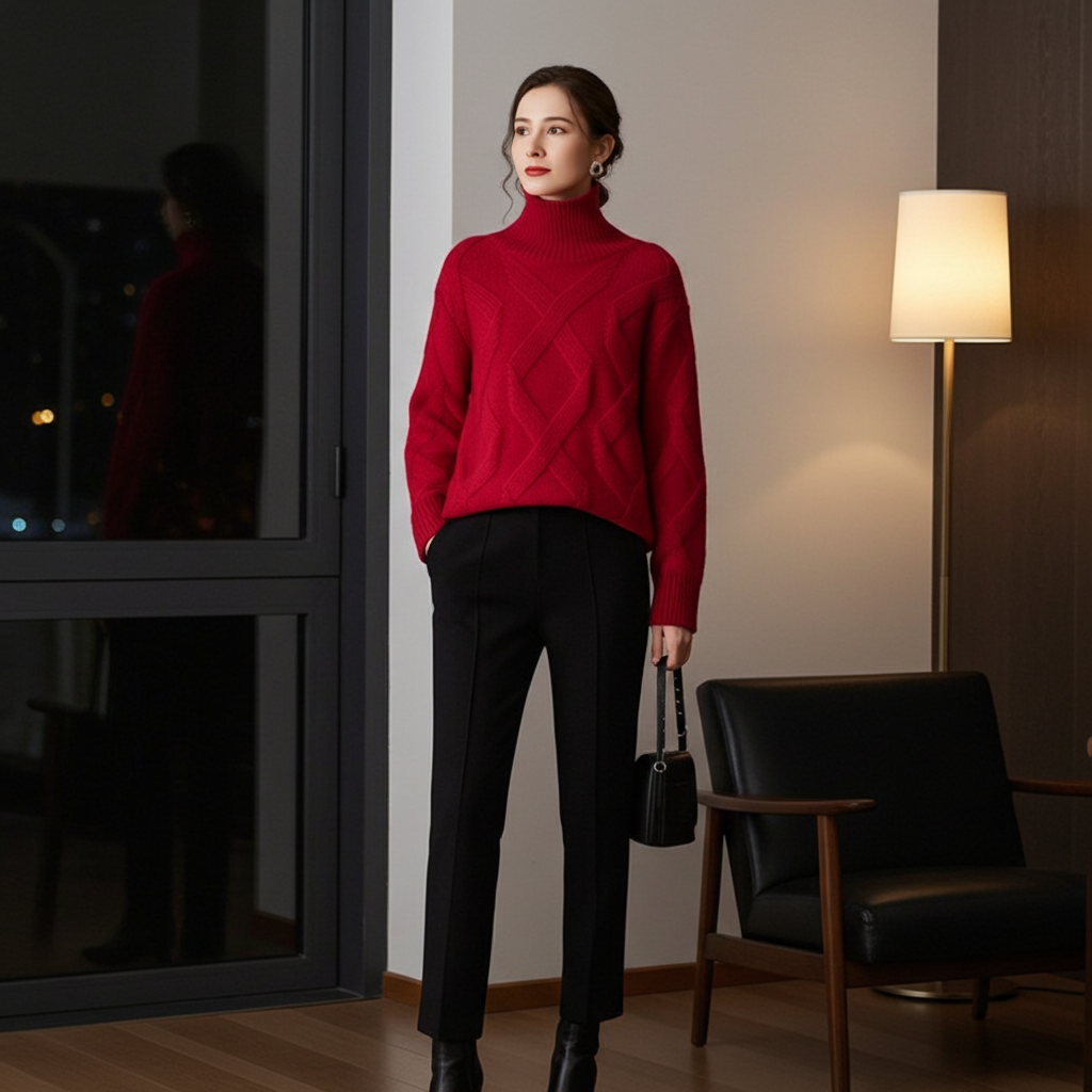 Elegant red luxury cashmere sweater for women paired with tailored black trousers for a stylish look