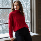 Red luxury cashmere sweater for women with a turtleneck and cable knit design, styled with black jeans