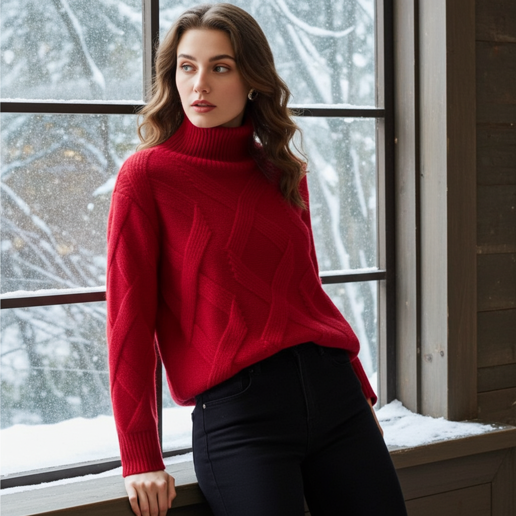Red luxury cashmere sweater for women with a turtleneck and cable knit design, styled with black jeans