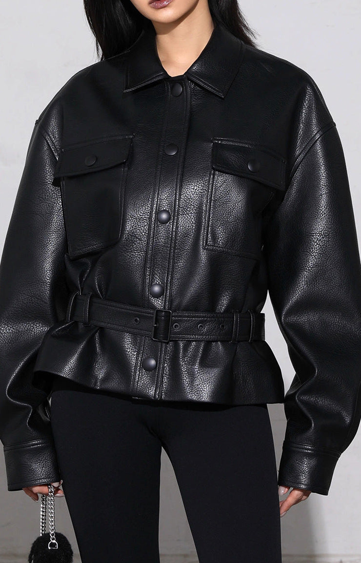 AM Vision RO luxury streetwear leather jacket with oversized fit and belted waist for stylish looks