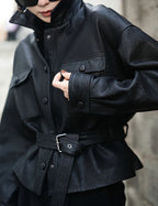 AM Vision RO luxury streetwear leather jacket with a belted waist and oversized pockets