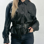 Stylish AM Vision RO luxury streetwear leather jacket with a belted waist and button details