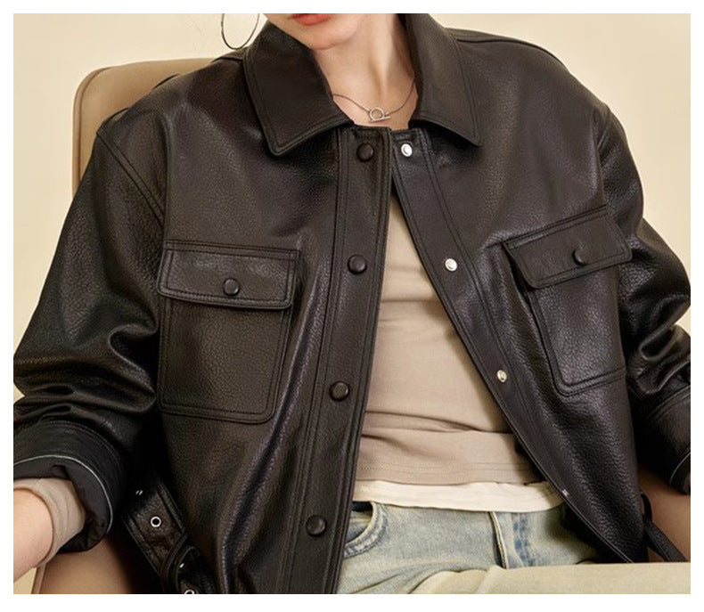 AM Vision RO luxury streetwear leather jacket with button details and front pockets