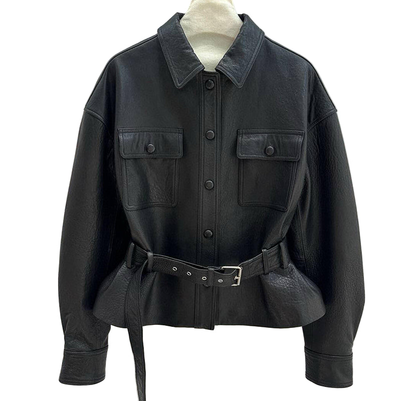 AM Vision RO luxury streetwear leather jacket with a belted waist and button-up front design