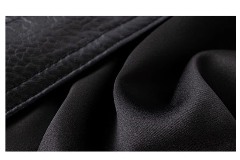 Close-up of luxury streetwear leather jacket showcasing premium textured leather and smooth fabric detailing