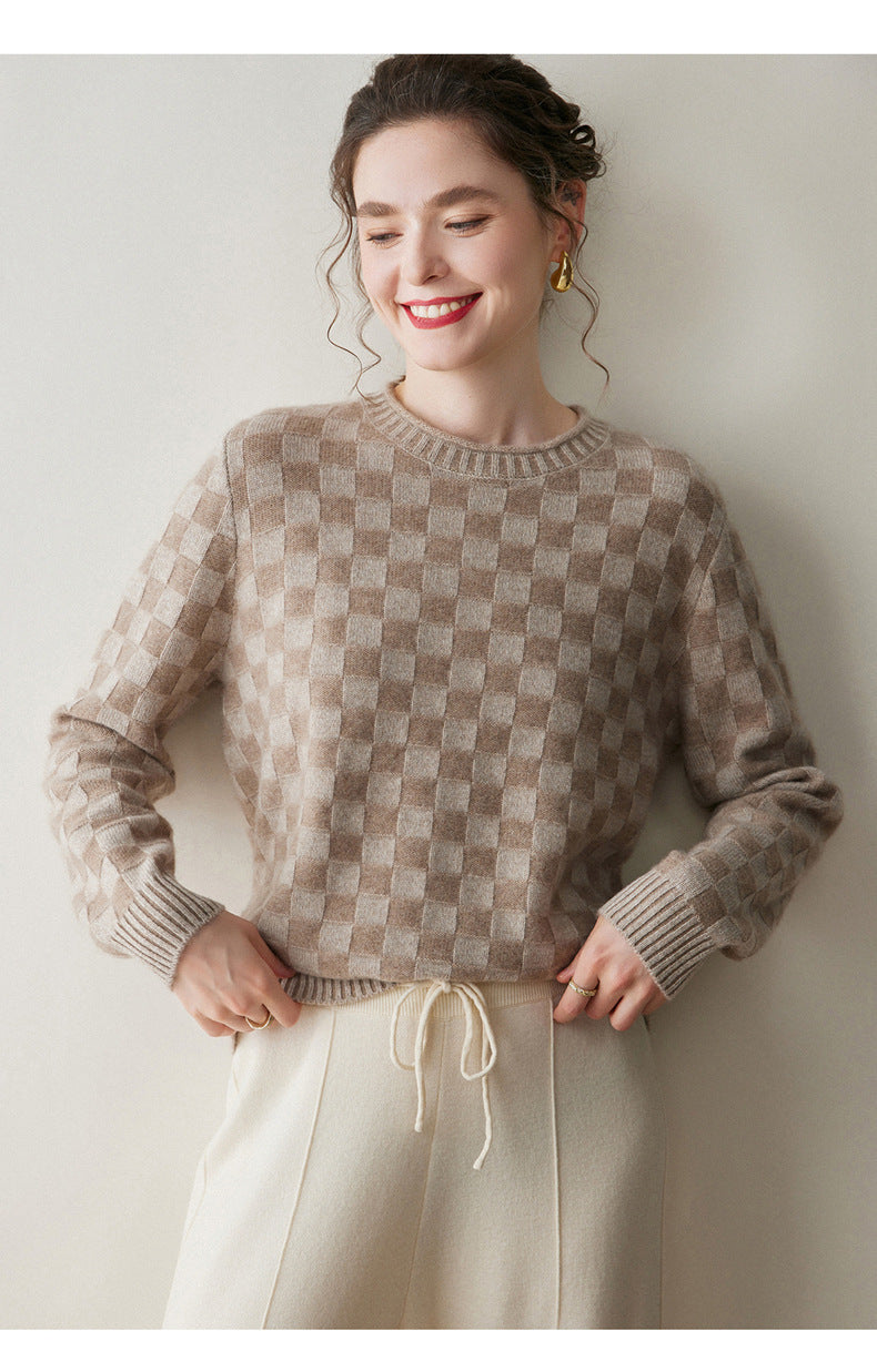 Luxury women's knit sweater in a stylish checkered pattern, perfect for casual or formal wear