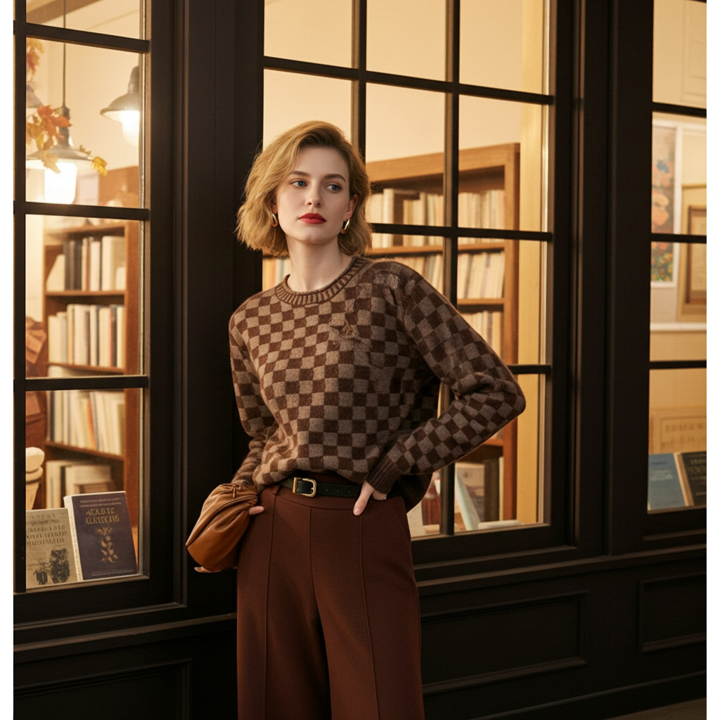 Luxury women's knit sweater in brown checkered pattern, perfect for stylish winter outfits