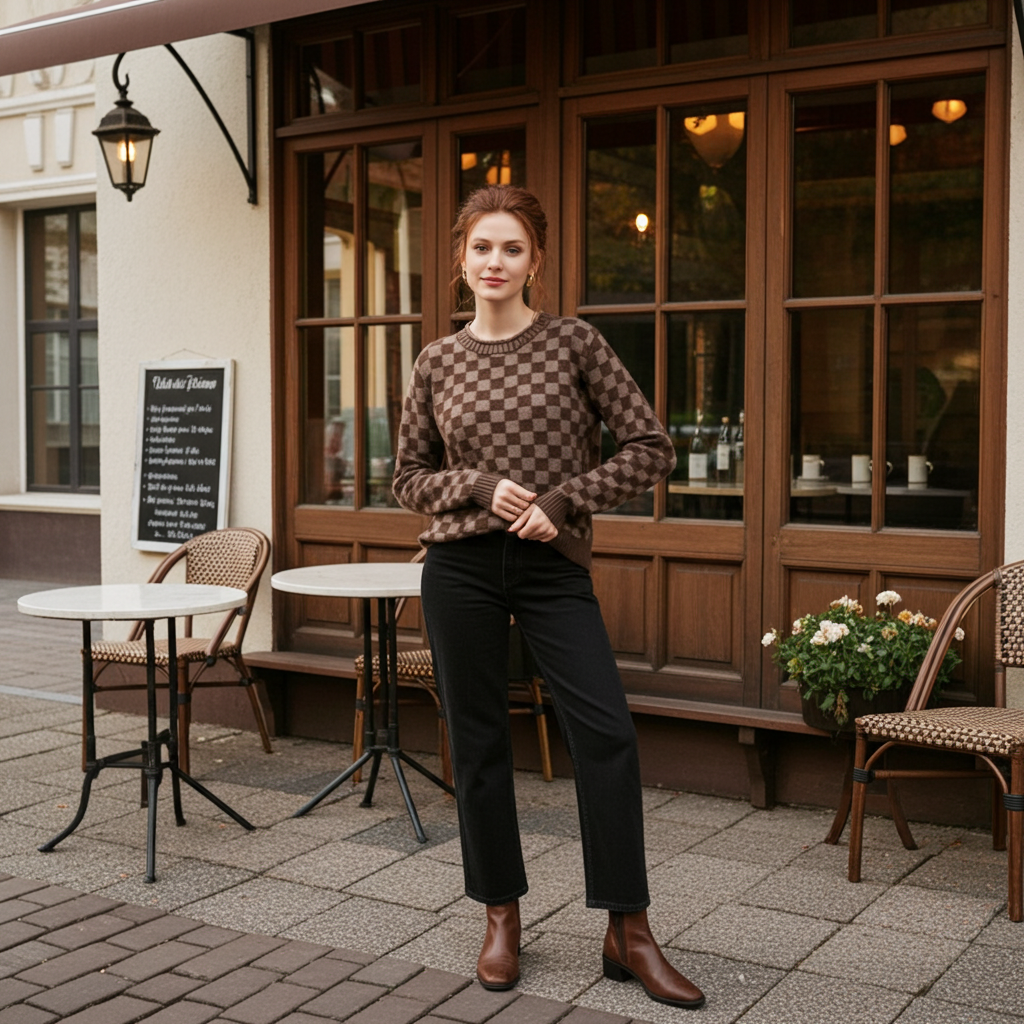 Model wearing a luxury women's knit sweater in a brown checkered pattern outside a cafe