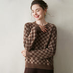 Luxury women's knit sweater in brown checkered pattern, perfect for stylish fall outfits