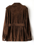 Back view of Maillard Goat Suede Utility Jacket in brown with adjustable waist belt and button details