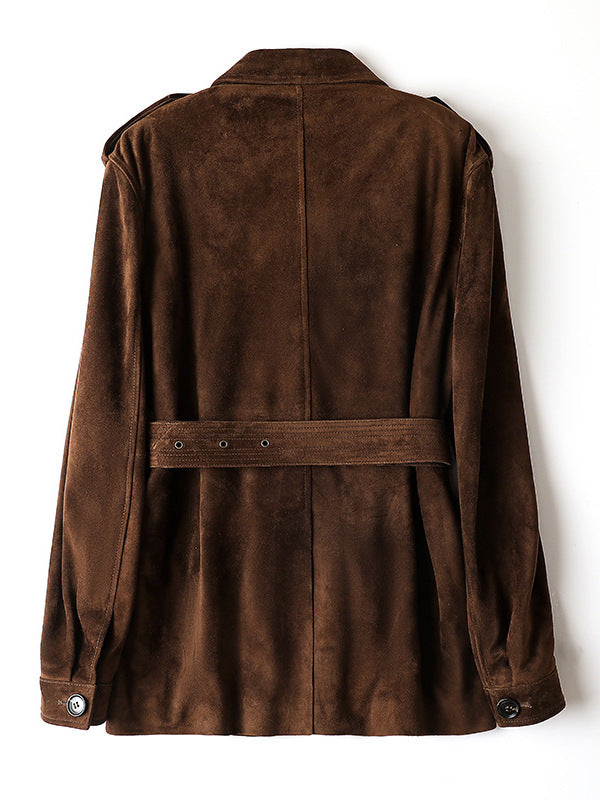 Back view of Maillard Goat Suede Utility Jacket in brown with adjustable waist belt and button details