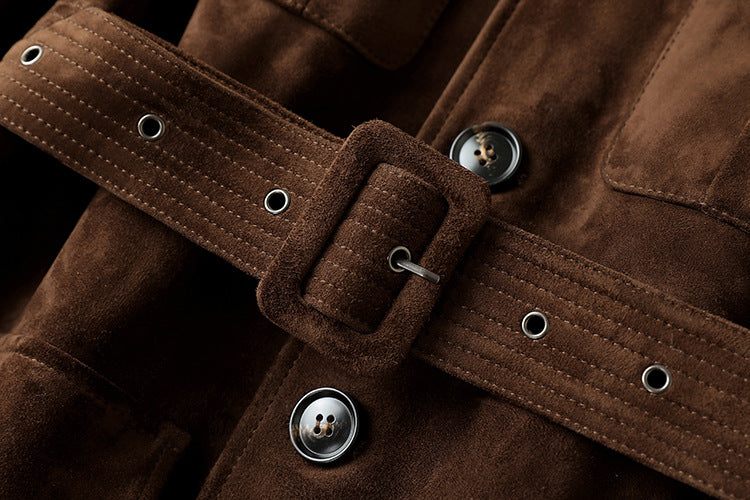 Close-up of the Maillard Goat Suede Utility Jacket featuring a stylish belt and detailed button design