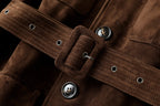 Close-up of the Maillard Goat Suede Utility Jacket featuring a stylish belt and detailed button design