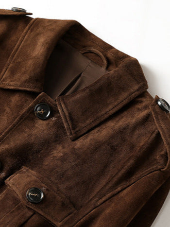 Close-up of Maillard Goat Suede Utility Jacket in brown featuring button details and soft texture
