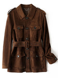 Maillard Goat Suede Utility Jacket in Brown with Belted Waist and Multiple Pockets for Utility and Style