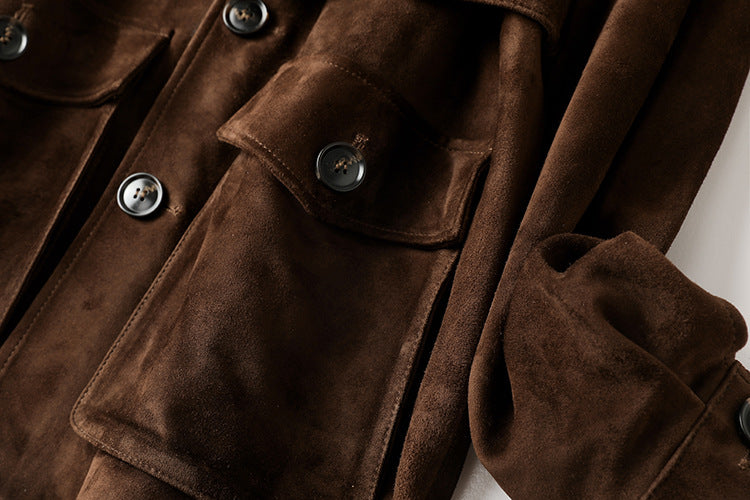 Close-up of Maillard Goat Suede Utility Jacket featuring stylish pockets and button details