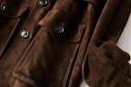 Close-up of Maillard Goat Suede Utility Jacket featuring stylish pockets and button details
