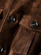 Close-up of Maillard Goat Suede Utility Jacket featuring buttoned pockets and soft texture