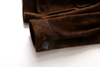Close-up of Maillard Goat Suede Utility Jacket with a button and soft brown fabric texture