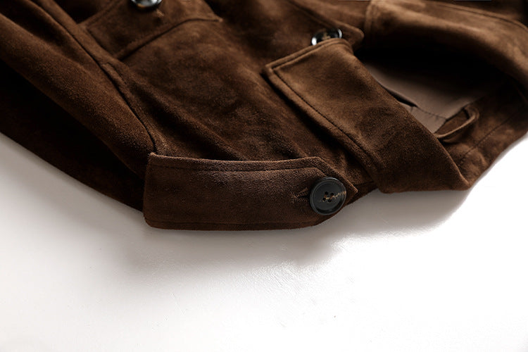 Detailed view of Maillard Goat Suede Utility Jacket in rich brown with button closures